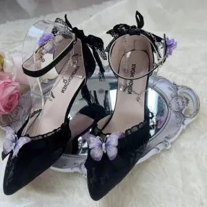 Aiertu - A Pair of Solemn Sweet Berry Licorice Butterflies Goth Heels Mary Janes Shoes Dark Academia Kawaii Academia Y2K Cottagecore Coquette Fairycore Dollette Princesscore