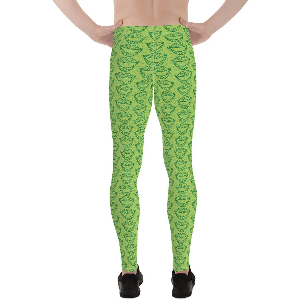 Green St. Patrick's Day Smile Lips Print Men's Leggings Meggings Tights- Made in USA/MX/EU