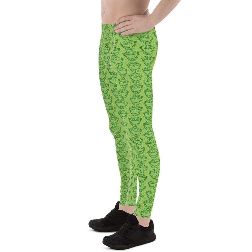 Green St. Patrick's Day Smile Lips Print Men's Leggings Meggings Tights- Made in USA/MX/EU