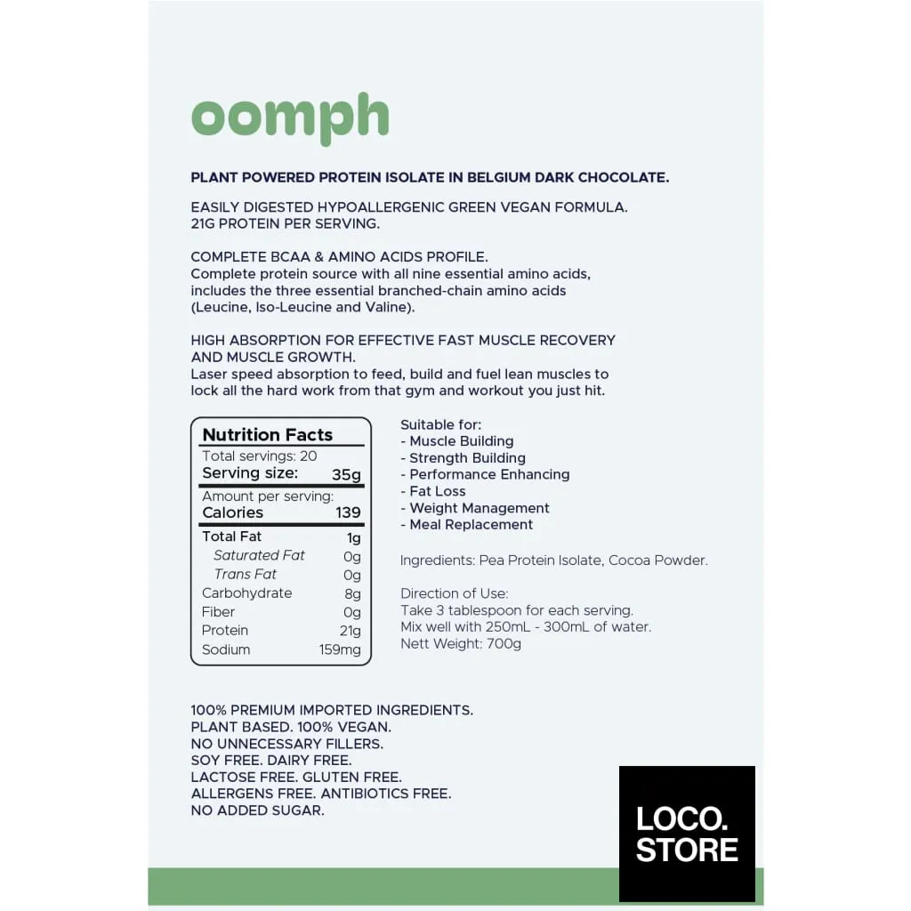 OOMPH Plant Powered Protein Isolate with Belgium Dark Chocolate 700g