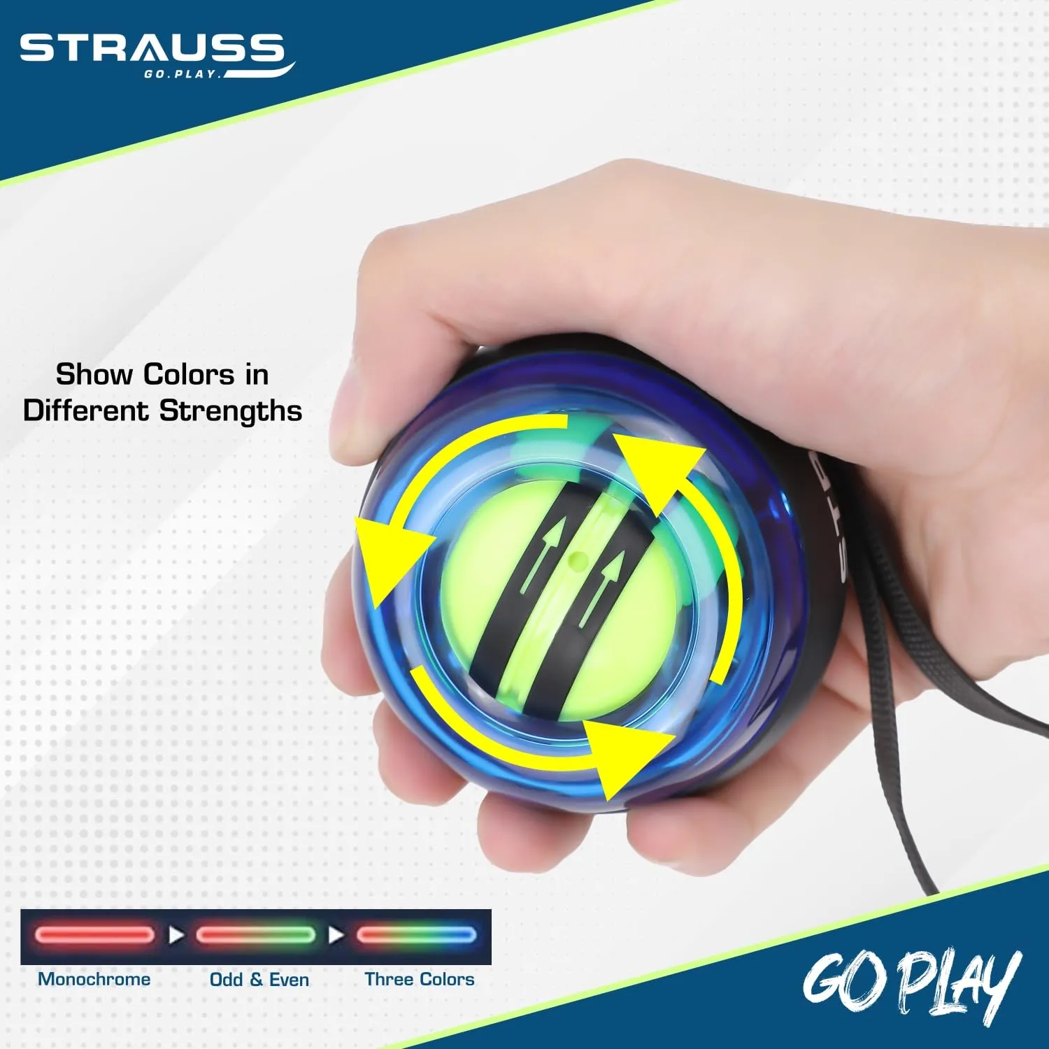 STRAUSS Wrist Gyro Ball | Ideal for Wrist Training, Strengthening Arms, Fingers | Power Wrist Ball, Hand Enhancer, Forearm Exerciser,Self-Starting Wrist Trainer Ball with LED Light,(Blue&Yellow)