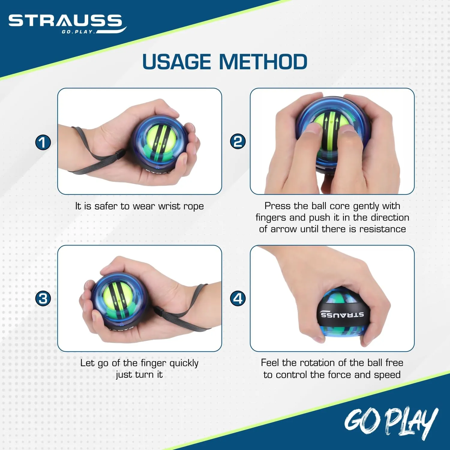 STRAUSS Wrist Gyro Ball | Ideal for Wrist Training, Strengthening Arms, Fingers | Power Wrist Ball, Hand Enhancer, Forearm Exerciser,Self-Starting Wrist Trainer Ball with LED Light,(Blue&Yellow)