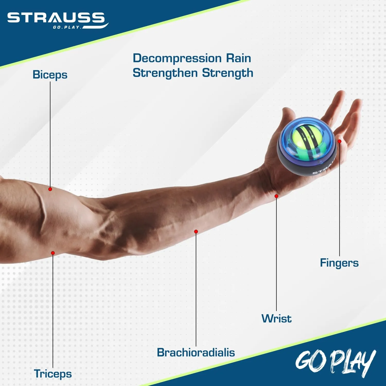 STRAUSS Wrist Gyro Ball | Ideal for Wrist Training, Strengthening Arms, Fingers | Power Wrist Ball, Hand Enhancer, Forearm Exerciser,Self-Starting Wrist Trainer Ball with LED Light,(Blue&Yellow)