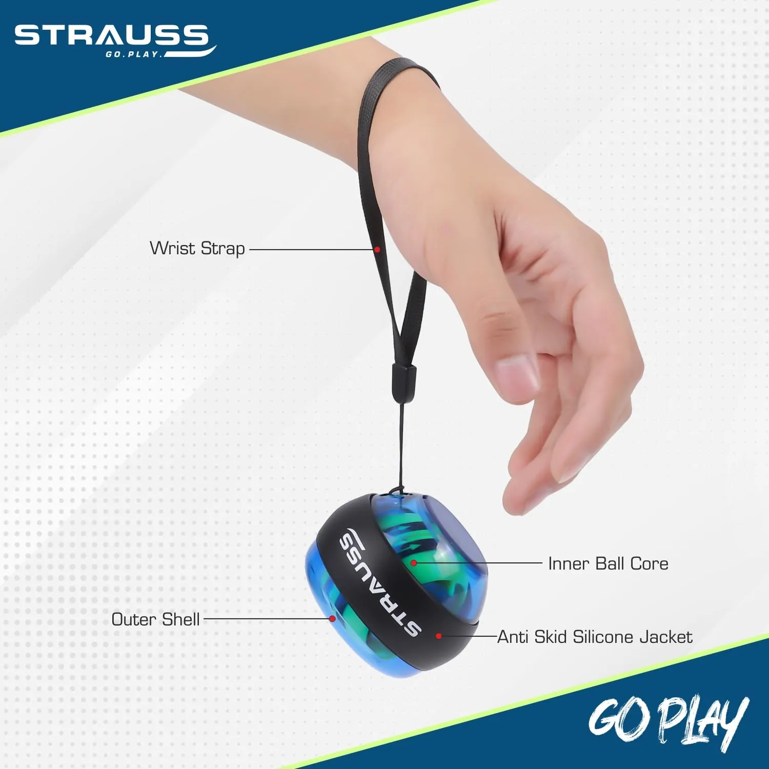 STRAUSS Wrist Gyro Ball | Ideal for Wrist Training, Strengthening Arms, Fingers | Power Wrist Ball, Hand Enhancer, Forearm Exerciser,Self-Starting Wrist Trainer Ball with LED Light,(Blue&Yellow)