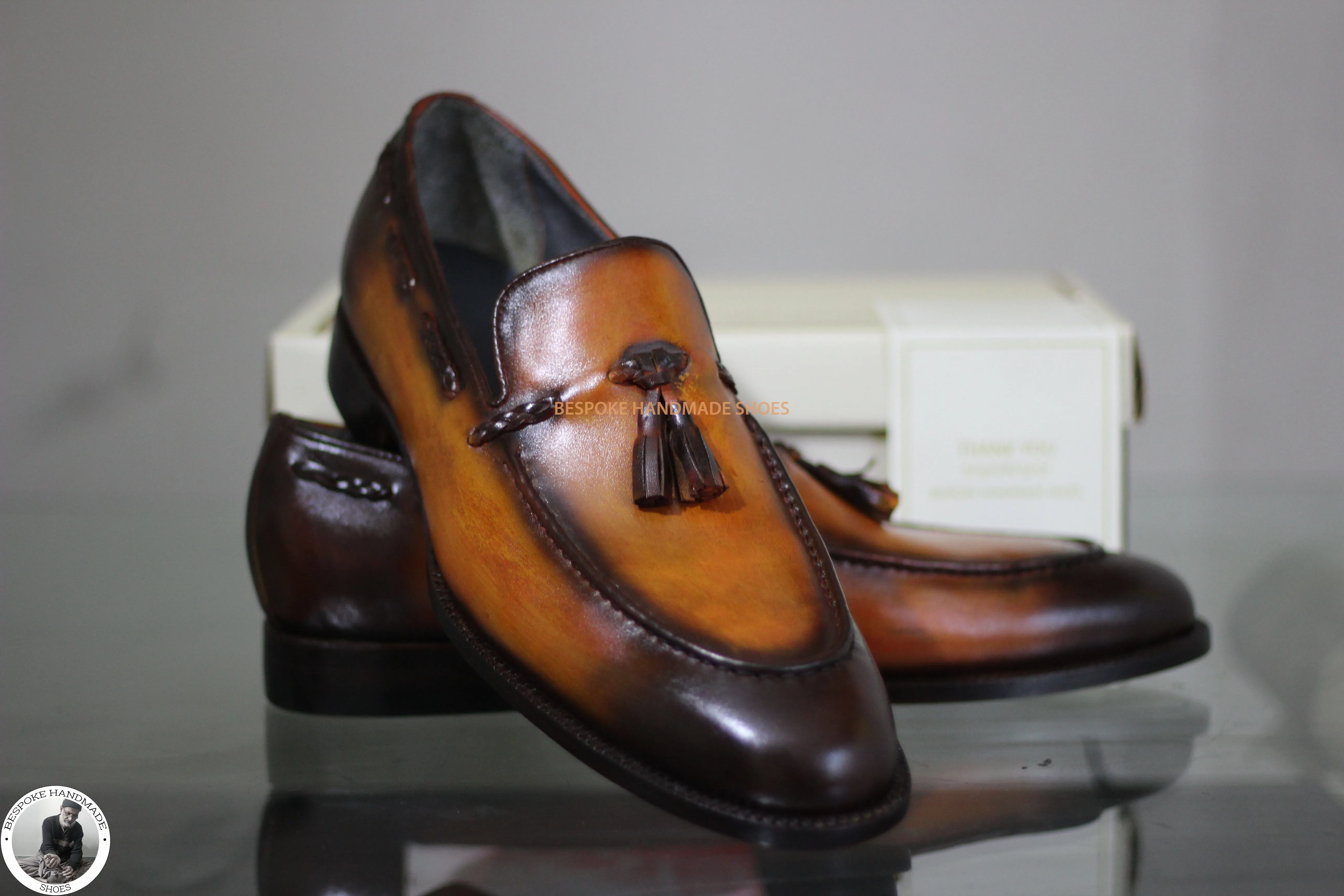 Tailor Made Brown Calf Leather Black Shaded Slip On Moccasin Casual Shoes