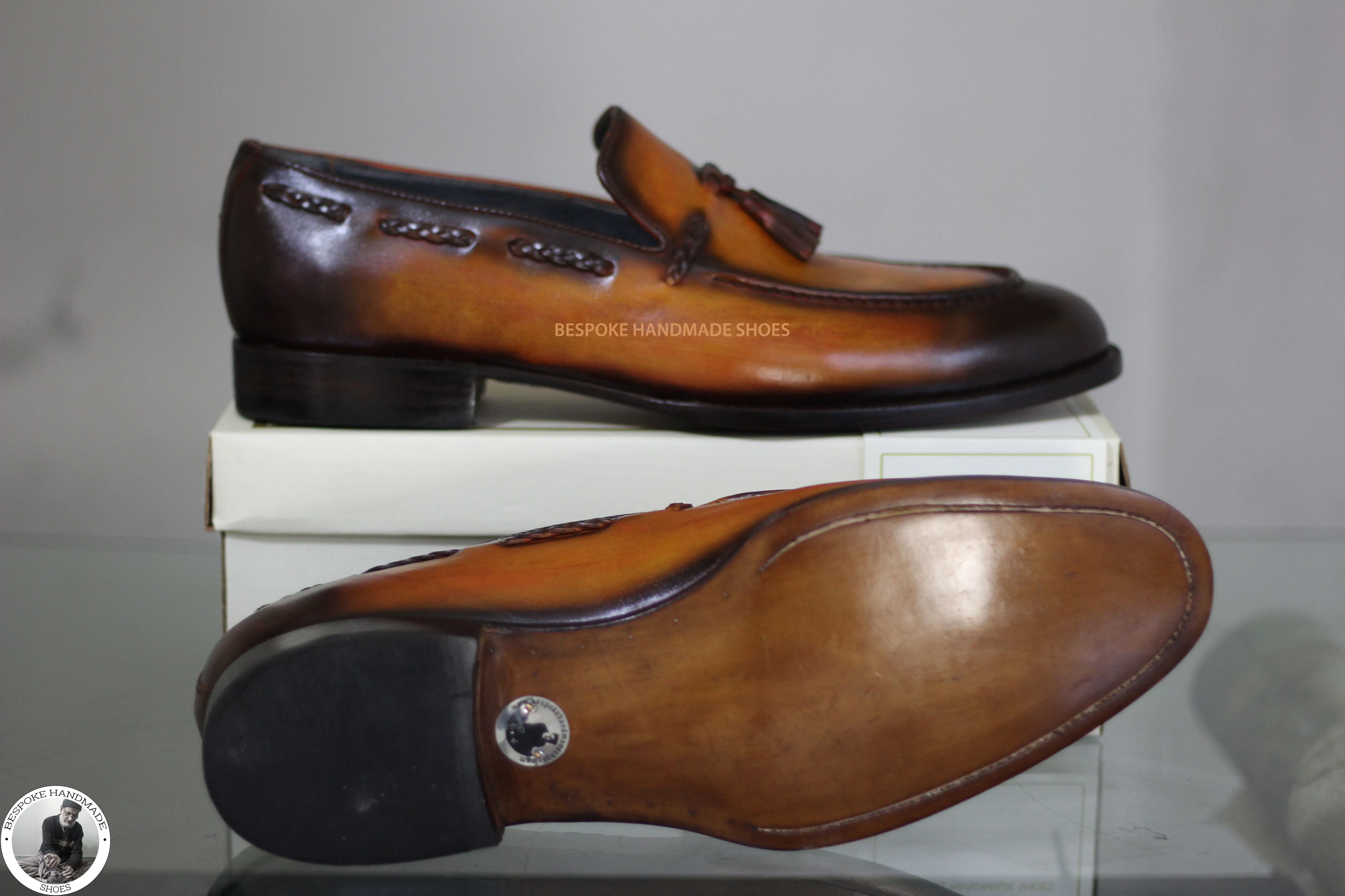 Tailor Made Brown Calf Leather Black Shaded Slip On Moccasin Casual Shoes