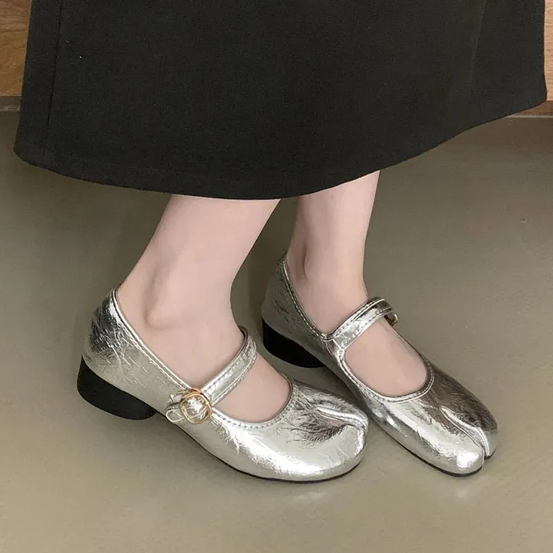 TAVIMART  -  Sliver Autumn Women New Flat Heel Mary Jane Shoes Fashion Split Toe Shallow Ladies Flats Soft Sole Ladies Casual Baller